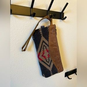 Pendleton fabric and leather handmade clutch purse strap in Portland, Oregon